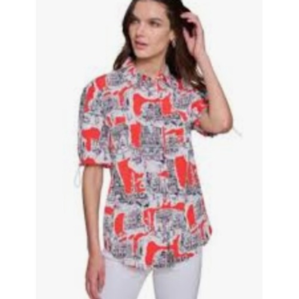 Karl Lagerfeld Paris Print Button Down Shirt Eiffel Tower Graphic Top